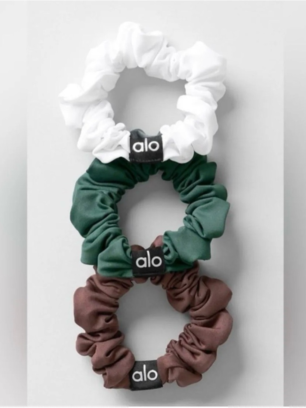 ALO Yoga-Scrunchie Trio - White, Forest Green & Brown- NWT!